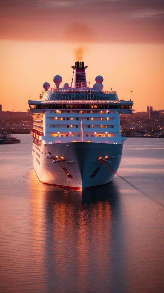 AI generated An evocative shot of a cruise ship departing from port at sunset photo