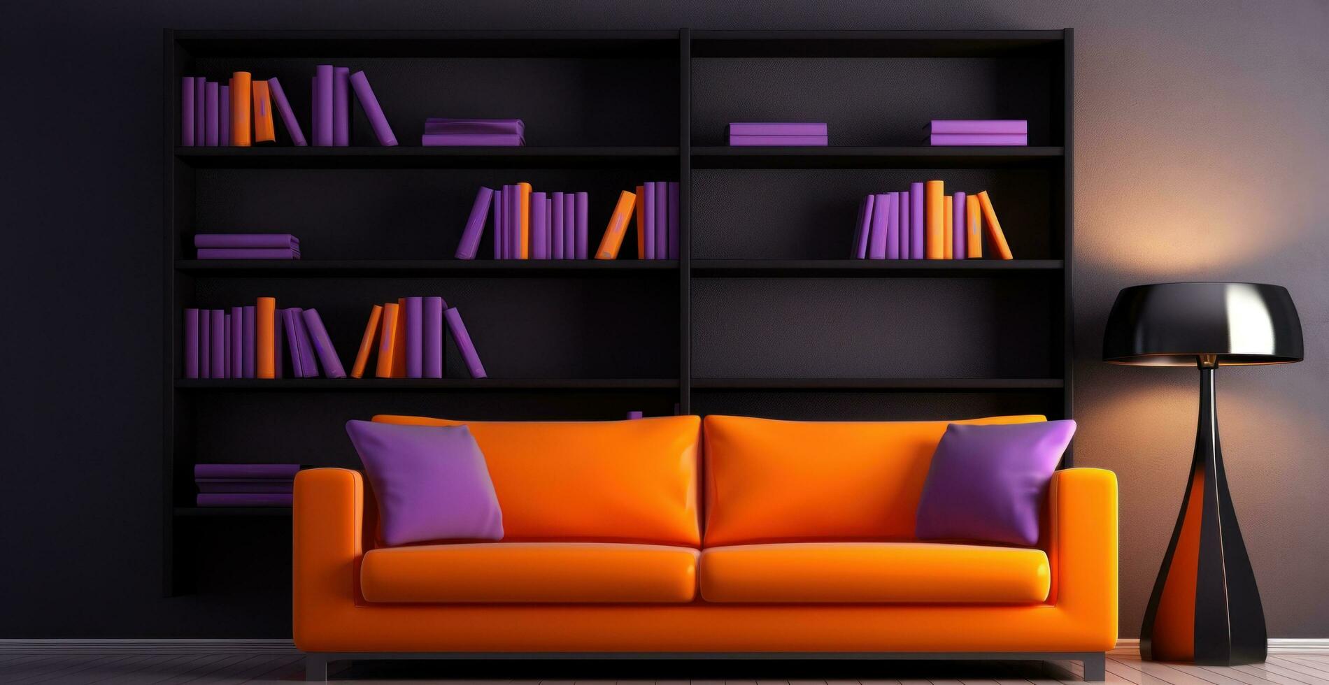 AI generated black sofa sitting in front of shelves photo