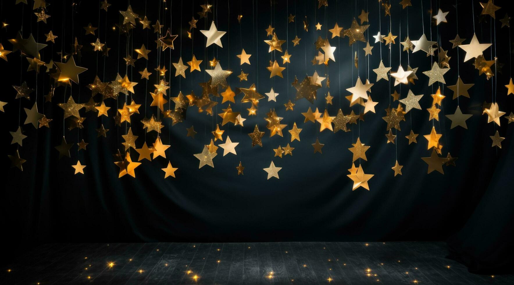 AI generated gold stars decorating the dark background with sparkling lights photo