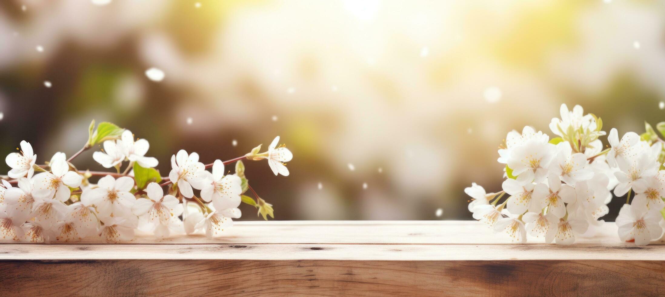 AI generated white blossom flowers on a wood table photo