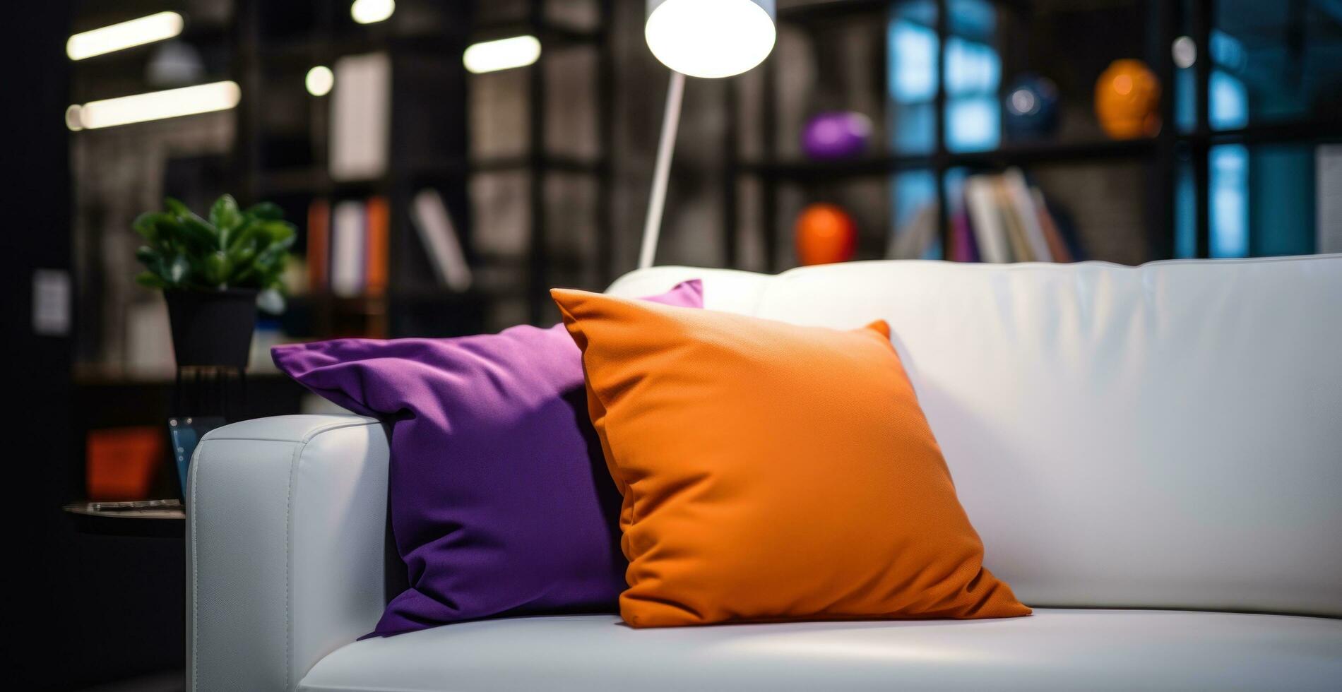 AI generated white couch with purple and dark brown pillows in the office room photo