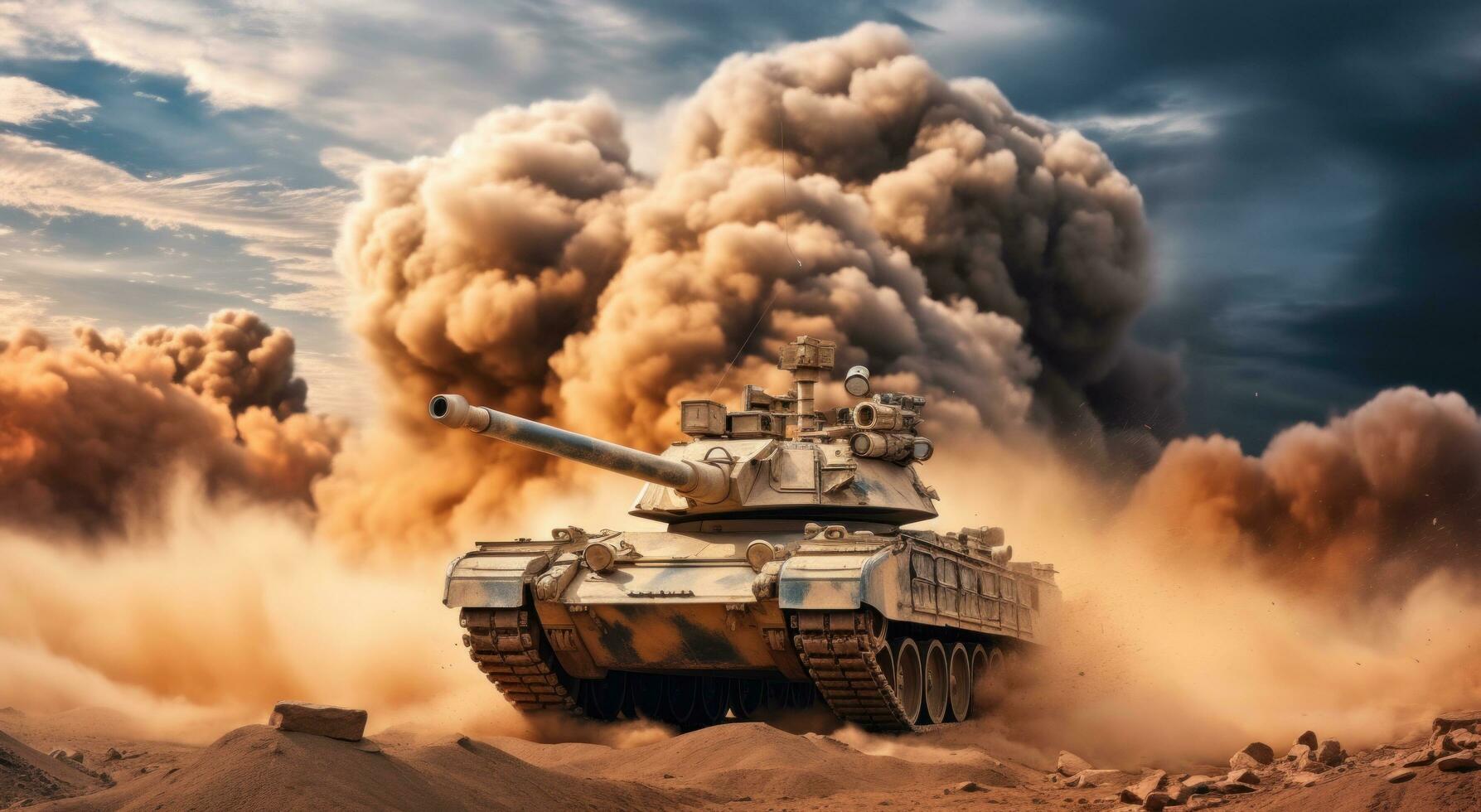 AI generated tank in the desert with smoke coming from the exhaust system photo