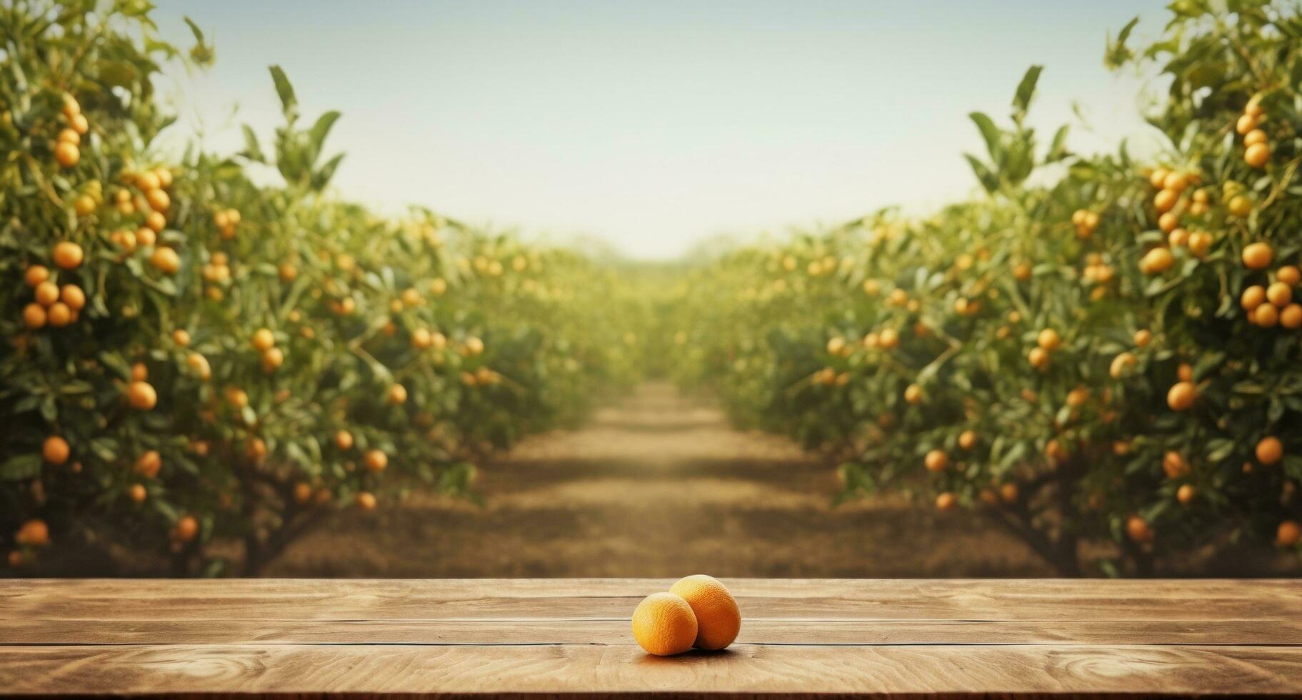 AI generated wooden table in an orange orchard photo