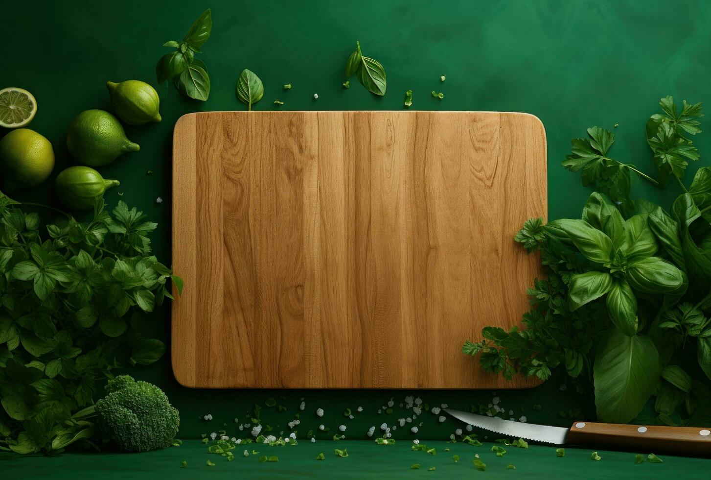 AI generated chopping board with green leaves on a green background photo