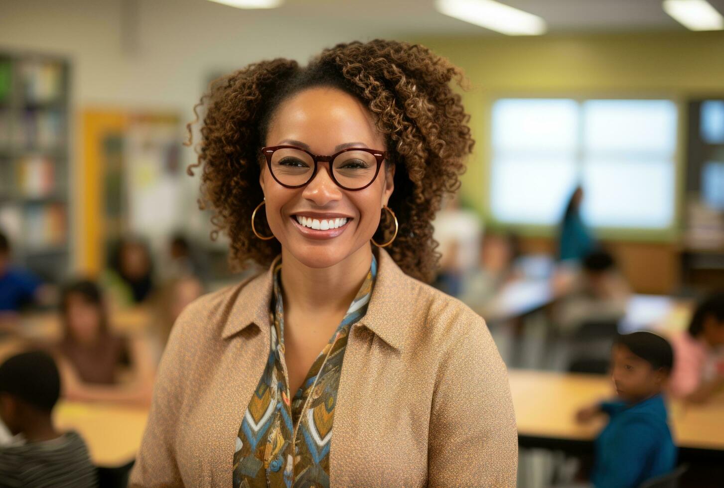 AI generated a woman in glasses is smiling at the camera in a classroom, photo