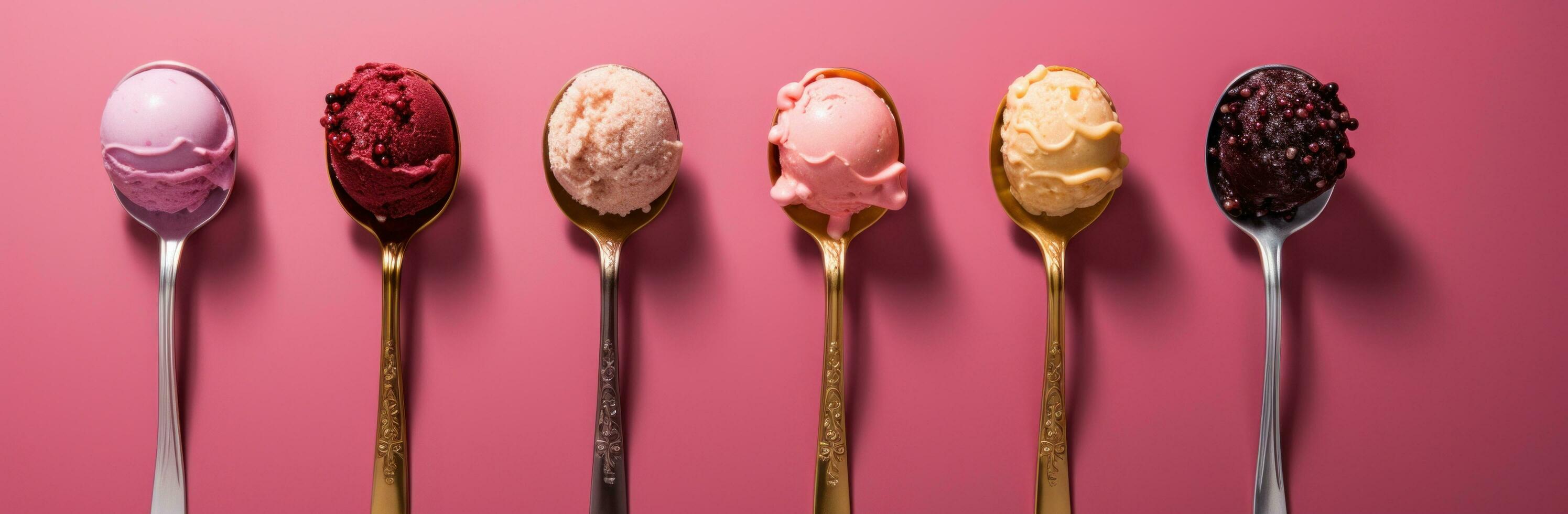 AI generated four spoons sitting on pink background with different flavors of ice cream photo