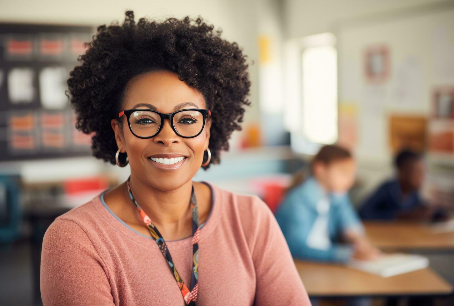 AI generated a woman in glasses is smiling at the camera in a classroom, photo