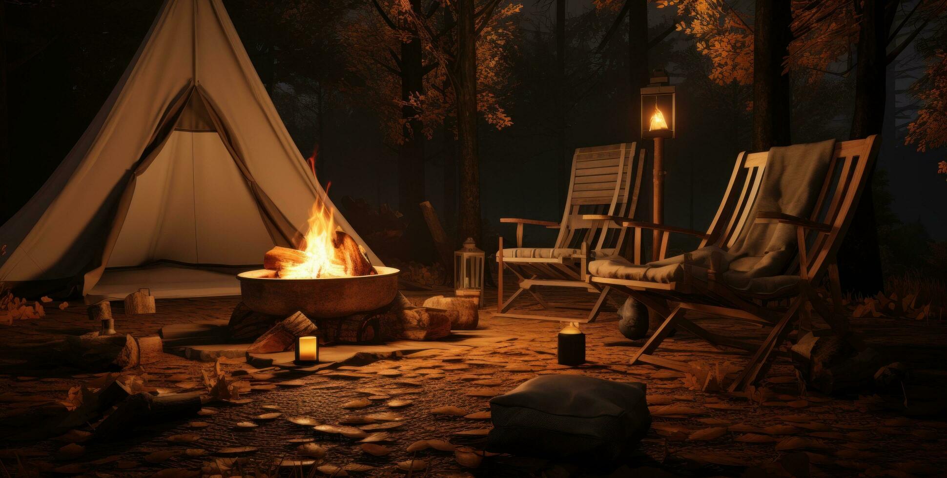 AI generated the campfire in the woods with tent around it and a chair, photo