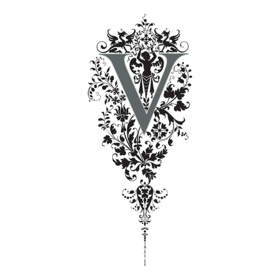 Art Renaissance Initial Caps Font Capital Letter V vector design