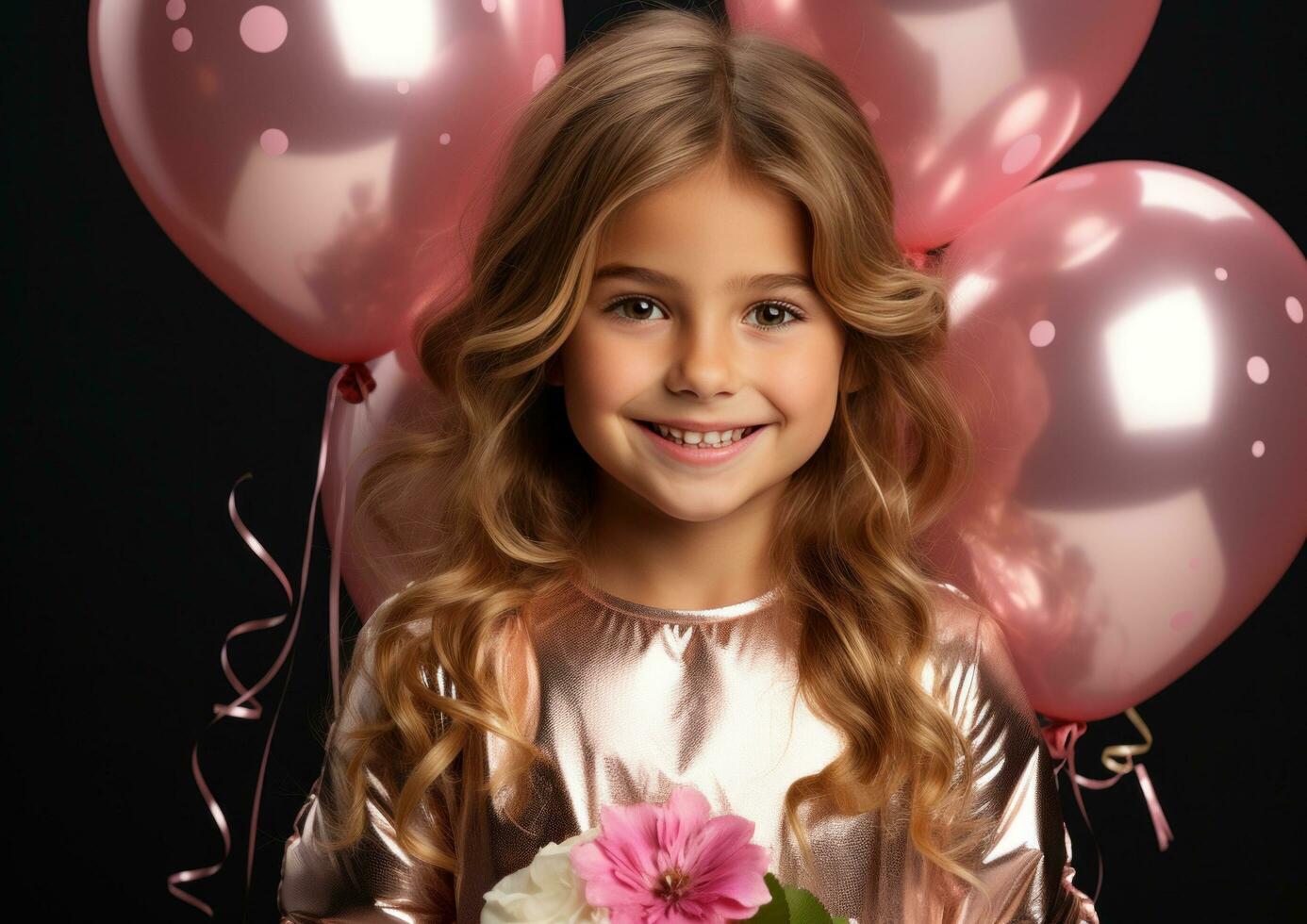 AI generated smiling girl holding 8 gold foil balloons with a tulip in hands photo