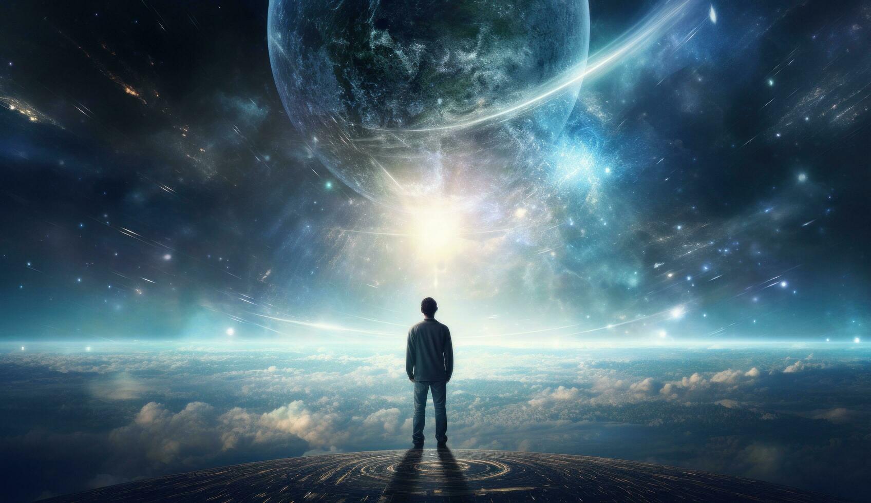 AI generated man standing on the earth looking at earth from space photo