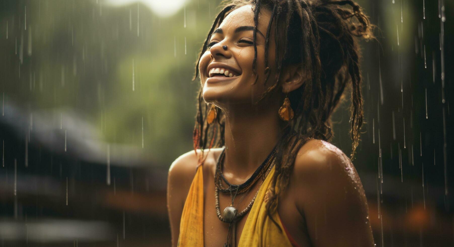 AI generated smiling lady in rain laughing in the background photo