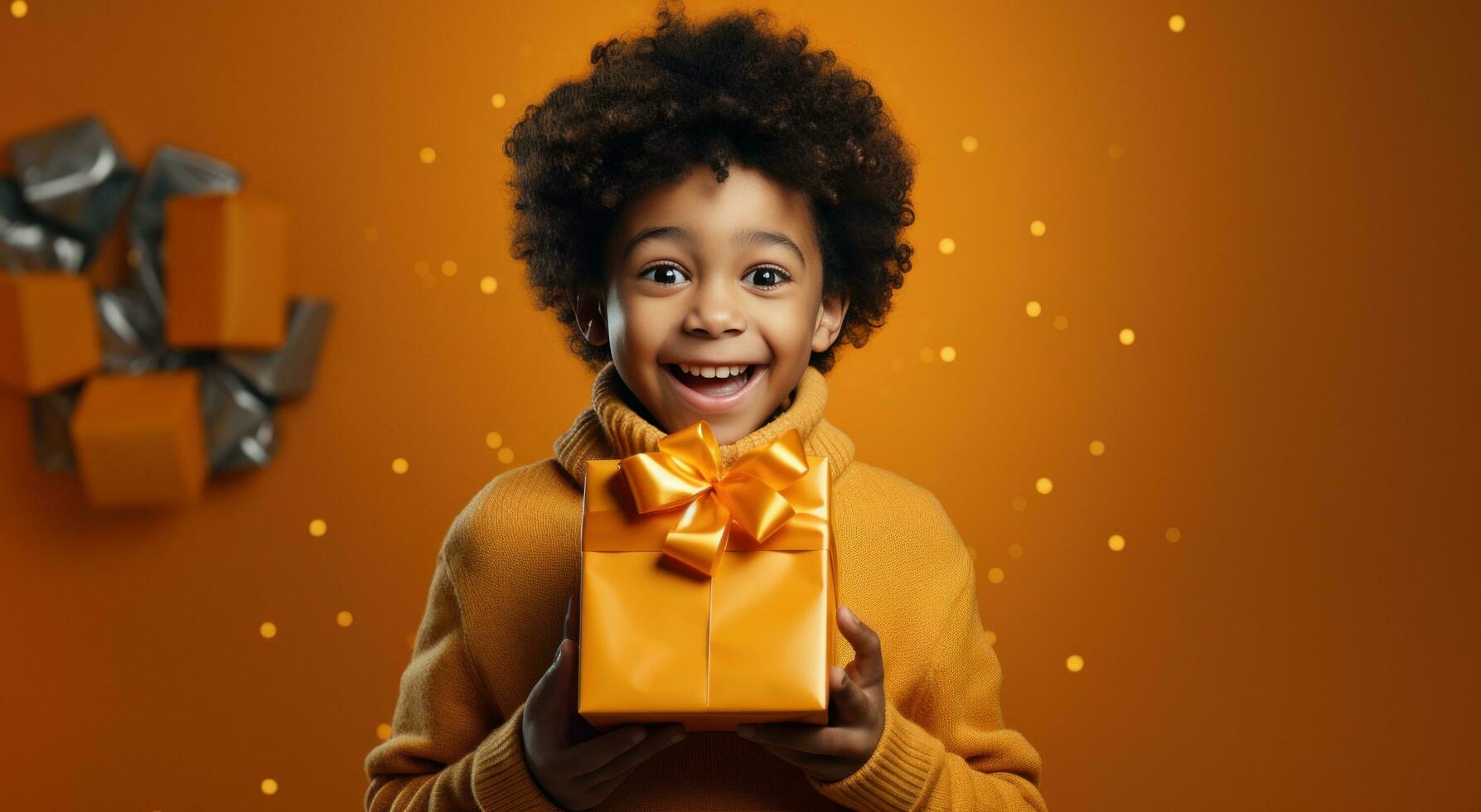 AI generated a young boy holding a present with his hands photo
