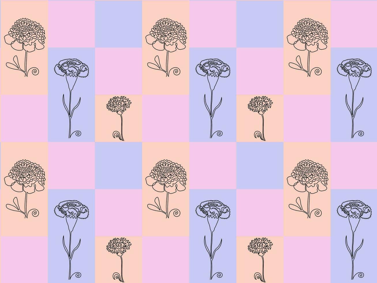 Seamless pattern of rectangles in pastel colors and peony, carnation, cornflower one continuous line art vector
