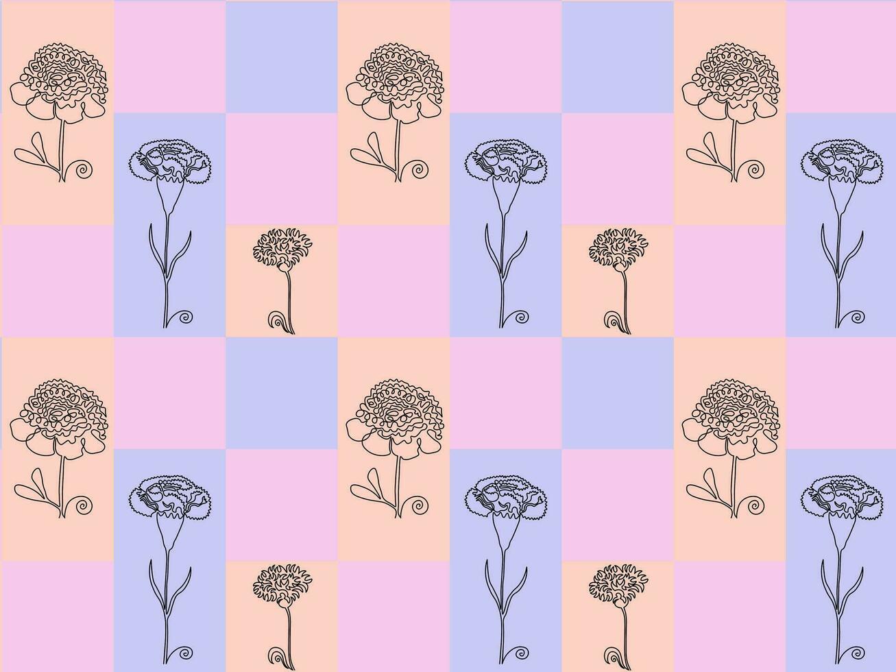 Seamless pattern of rectangles in pastel colors and peony, carnation, cornflower one continuous line art vector