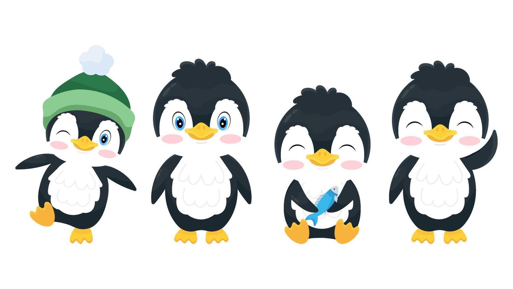 Set of vector illustrations of a cute penguin in a flat style. Antarctic bird. Cute cartoon penguin character.