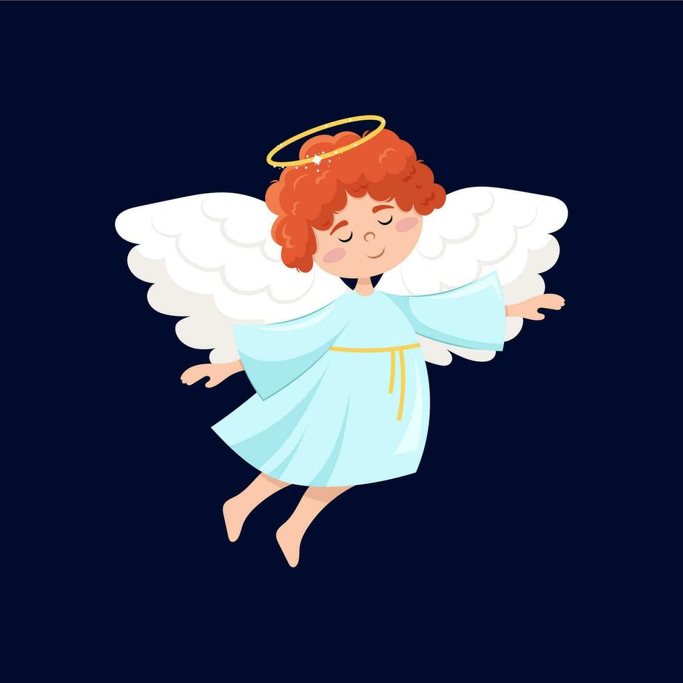 Cute little angel with wings and nimbus in flat style. Flying angel with red hair. vector