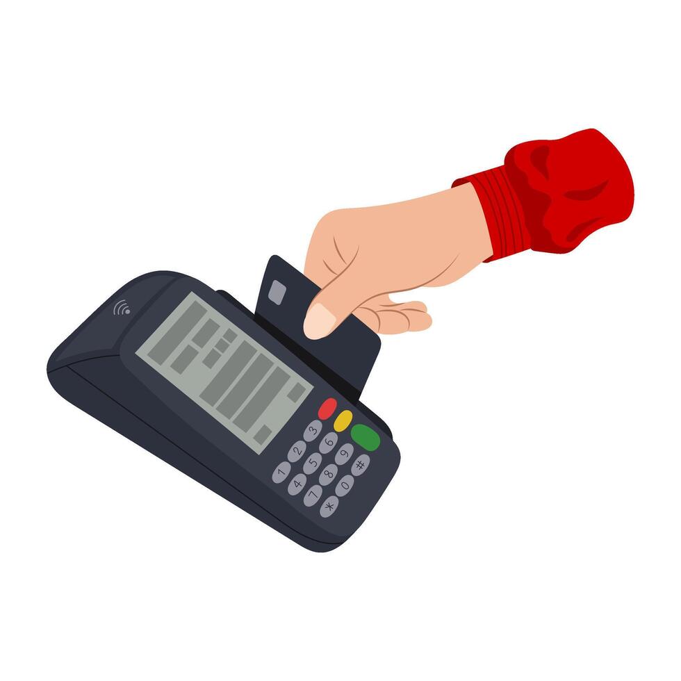 Pay for purchases with a credit card using a terminal. Vector illustration of a hand with a credit card and a terminal in flat style.