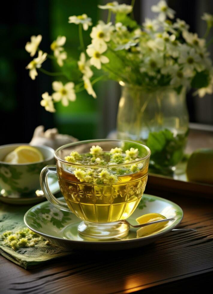 AI generated green tea with flowers on a table photo