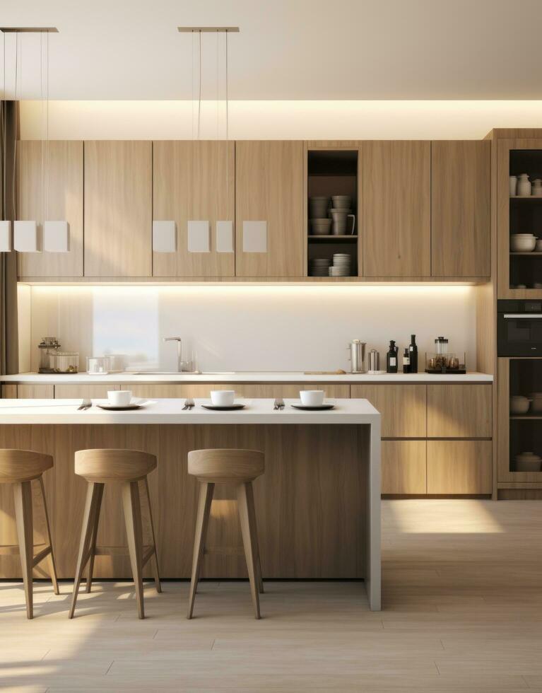 ai generado moderno minimalista cocina en moderno de madera gabinetes foto