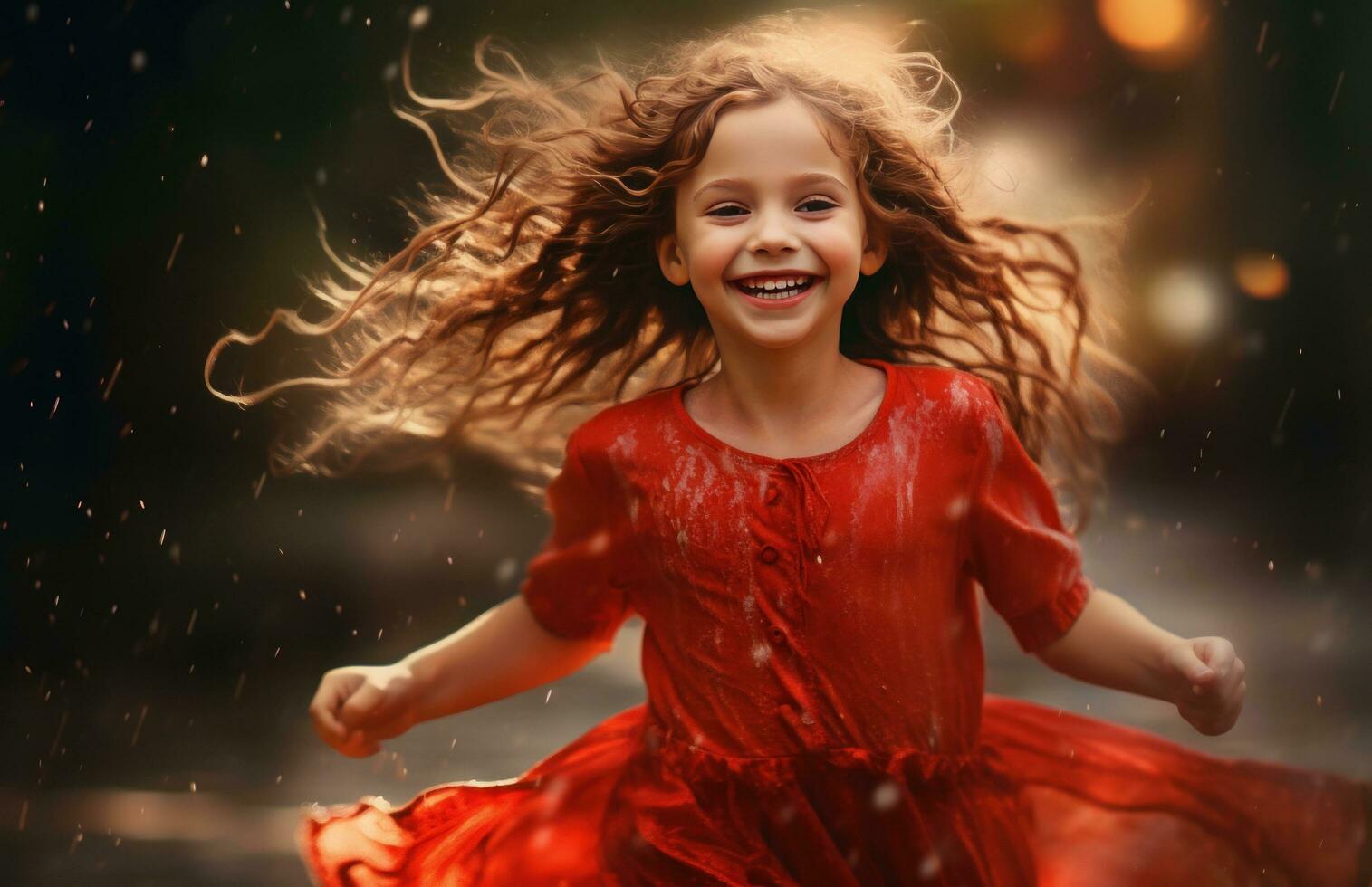 AI generated girl in red running amidst the rain photo