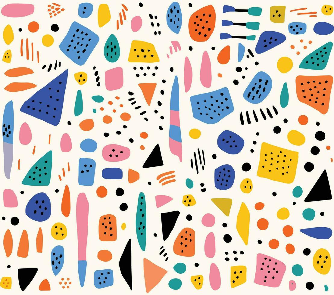 Contemporary Handmade Vector Illustration Pattern With Various Symmetrical Squares, Triangles, Shapes,Confetti Like Dots,Organic Shapes and Curved Lines, Nature Inspired Abstractions