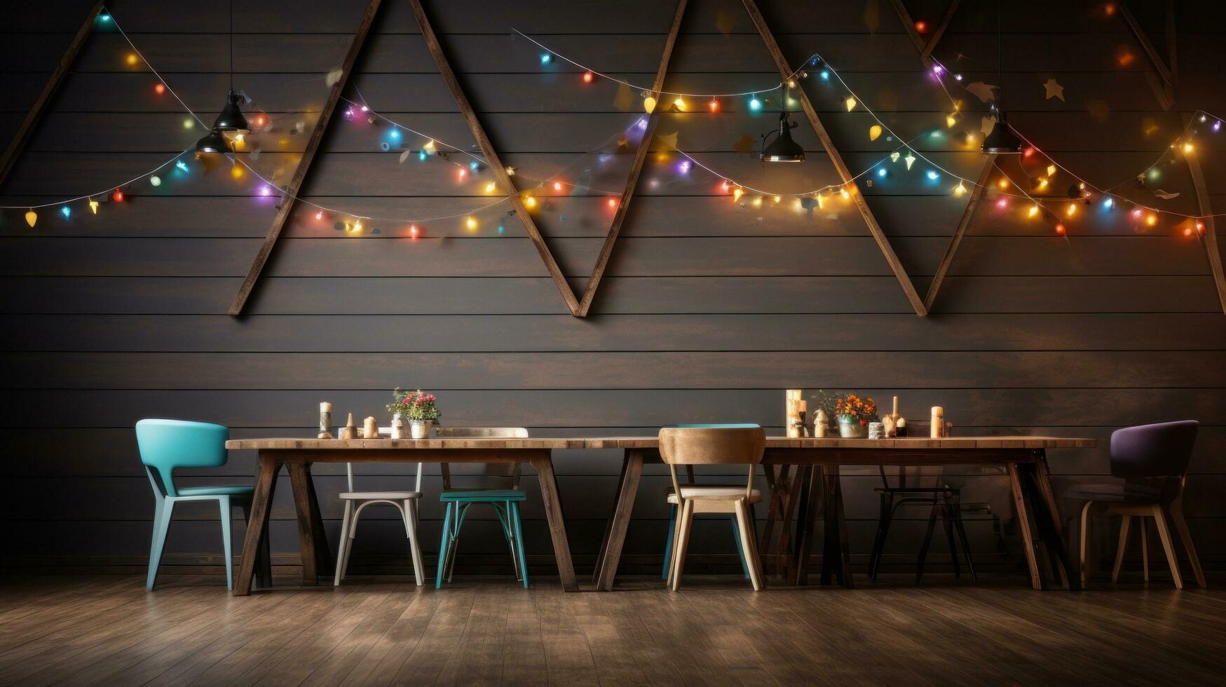 AI generated the floor of a wooden dining room with colourful bunting hanging over photo