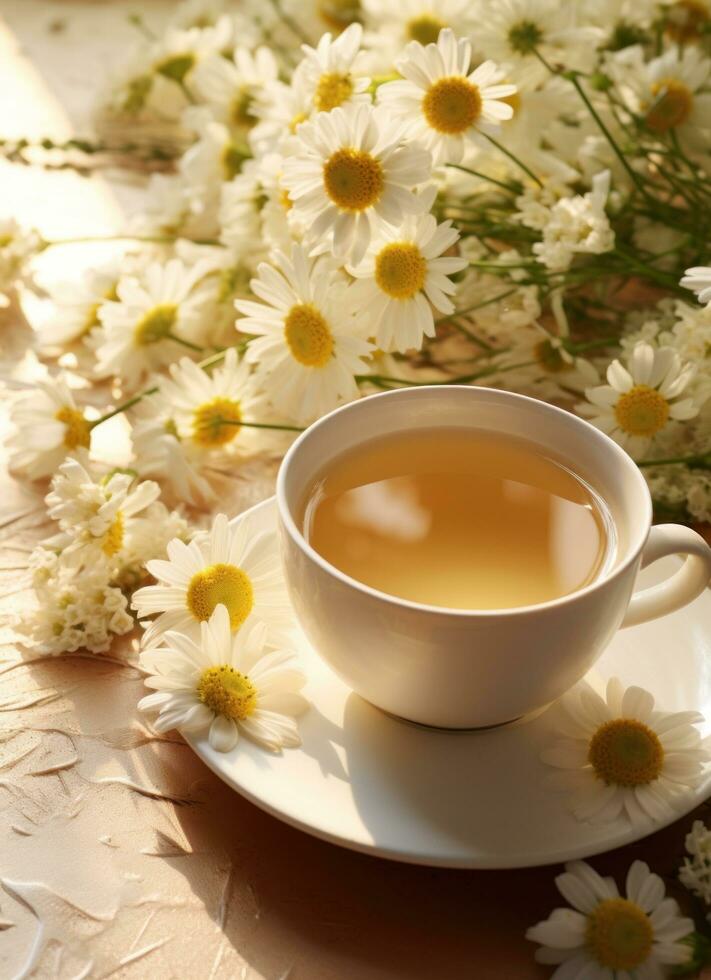 AI generated some chamomile tea and flowers photo