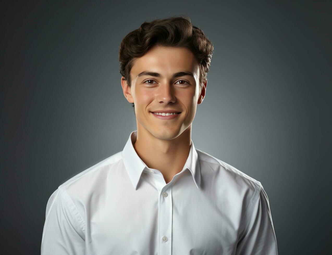 ai generado sonriente joven hombre vistiendo blanco camisa foto