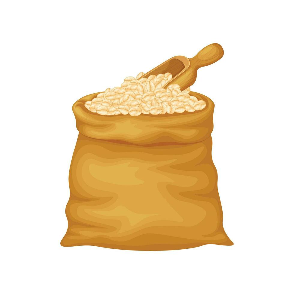 Oatmeal. Oatmeal in a bag. A large bag of oat grains and a wooden scoop. Cereals. Vector illustration isolated on a white background