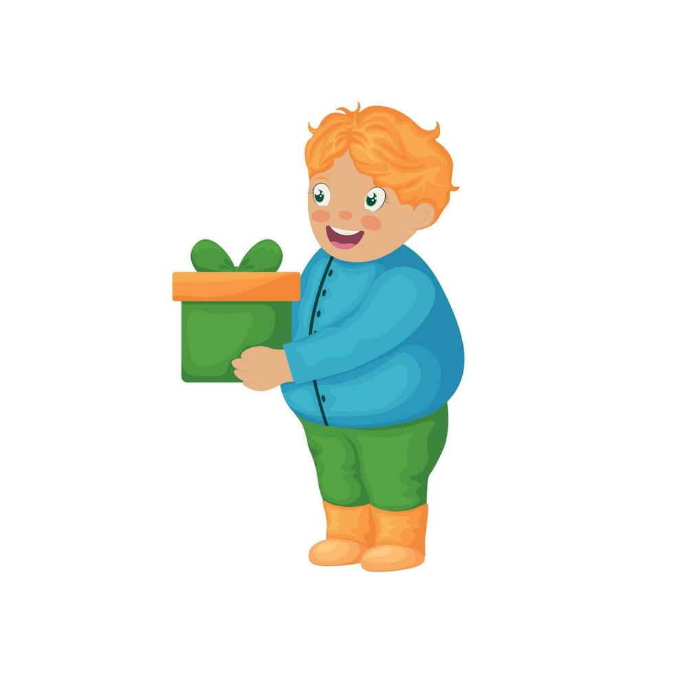 un chico con un regalo caja. linda sonriente chico participación un regalo caja. un alegre niño con un estilo de dibujos animados regalo. vector ilustración aislado en un blanco antecedentes