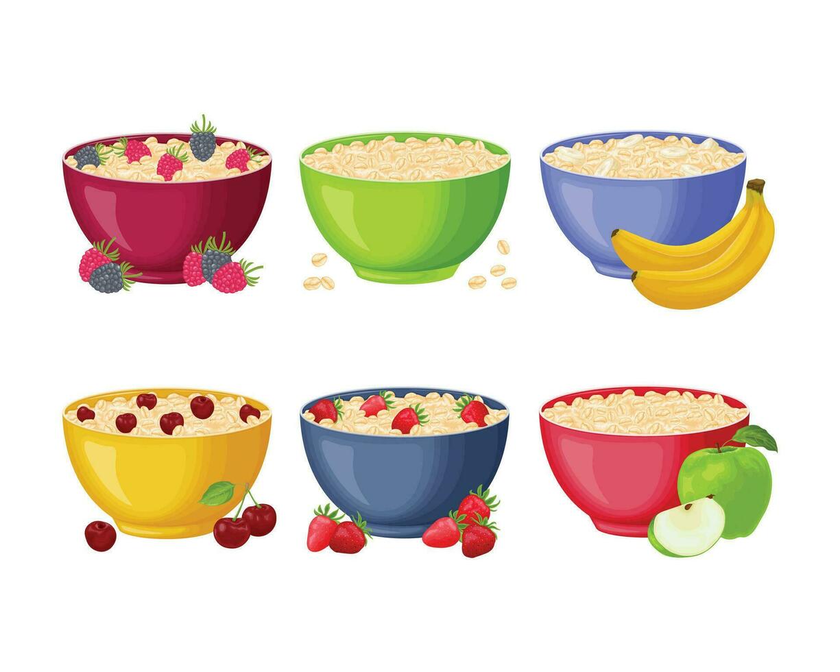 Oatmeal set. Collection of cups of oatmeal porridge with various fruits. Fruit porridge with banana, cherry, strawberry, apple and raspberry. Classic oatmeal porridge vector