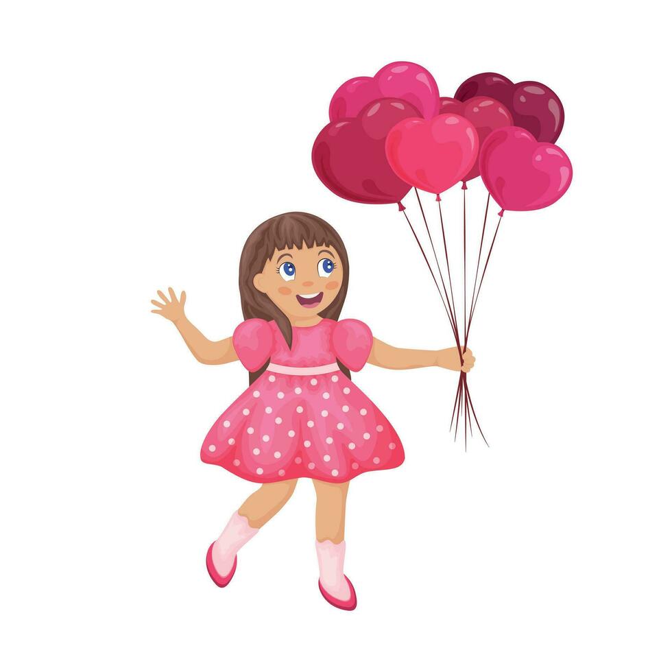un niña con globos, en un dibujos animados estilo. un linda sonriente niña sostiene globos en el formar de corazones en su manos. un niño con globos vector ilustración aislado en un blanco antecedentes