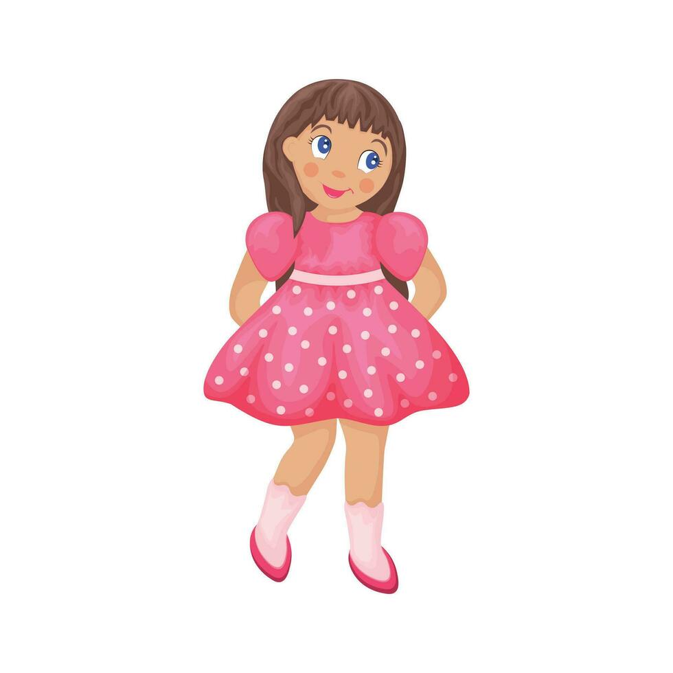 Cute girl in cartoon style. A modest girl in a pink dress. A shy child. Vector illustration isolated on a white background