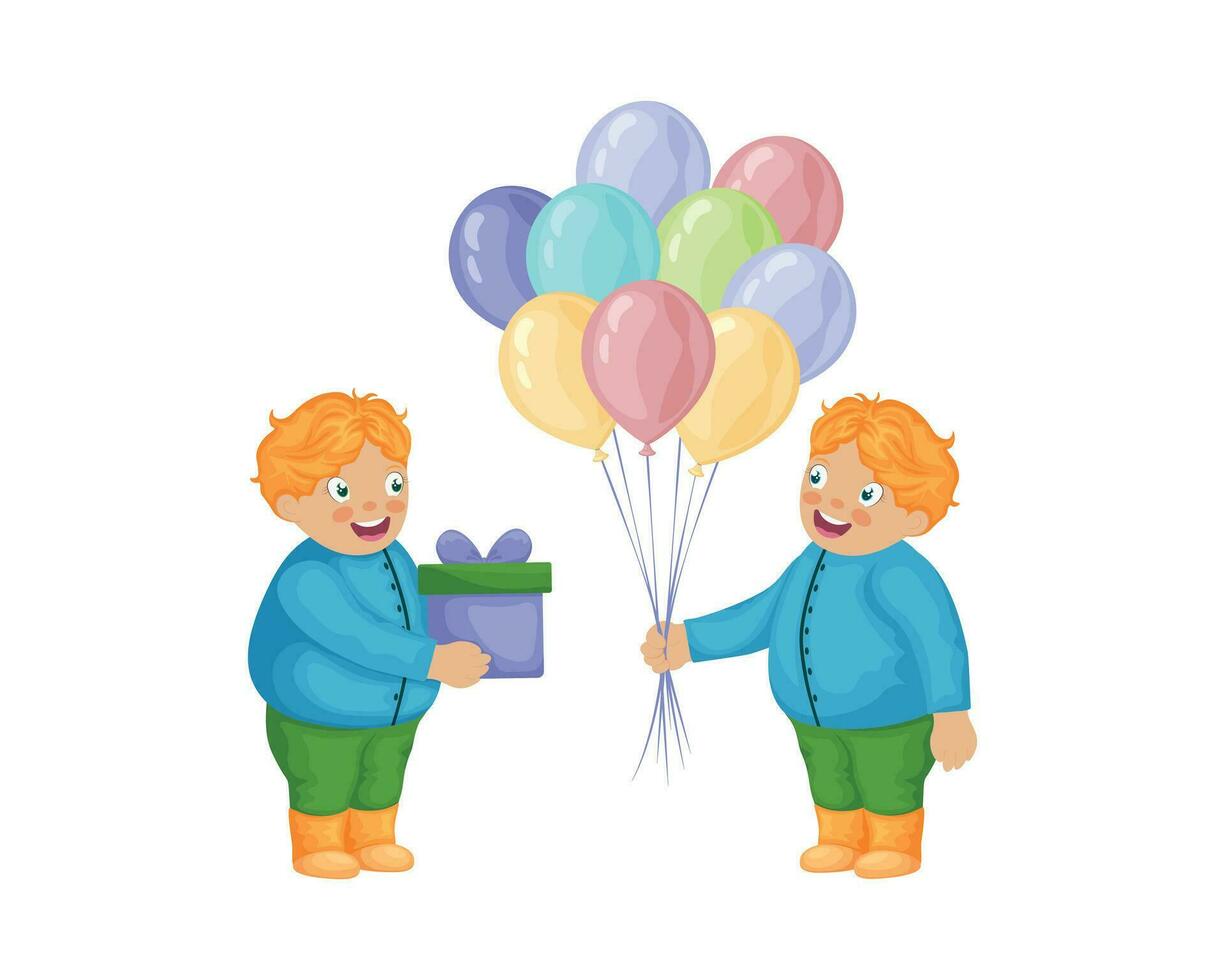 Twin boys congratulate each other on their birthday. Boys with gifts and balloons. Cute boys in cartoon style with gifts. Vector illustration