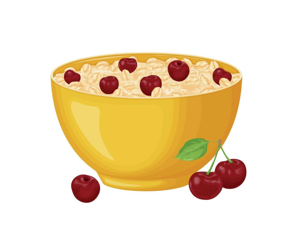 Oatmeal. A cup of cherry oatmeal. A healthy breakfast of oatmeal with berries. Dietary vegetarian breakfast.Yellow cup with porridge. Vector illustration isolated on a white background