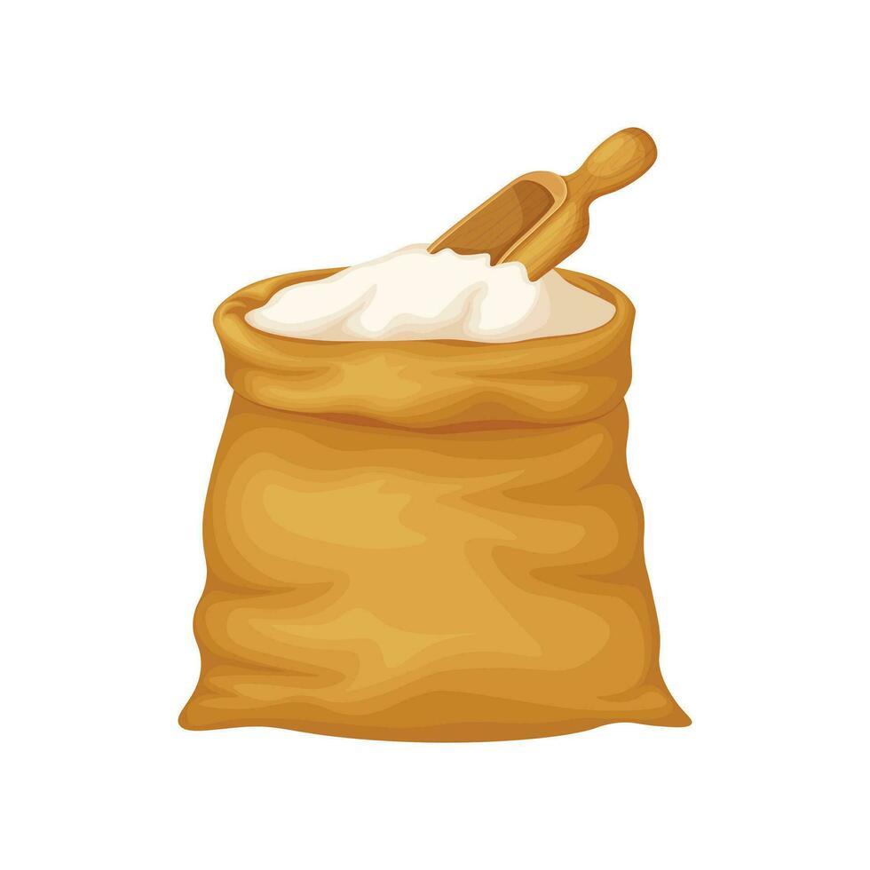 Flour. A large bag of flour. Flour in a bag and a wooden scoop. Raw materials for making bread. Vector illustration isolated on a white background