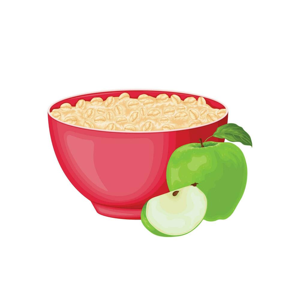 Oatmeal. A cup of oatmeal and a green apple. A healthy, healthy breakfast of oatmeal with fruit. Dietary vegetarian breakfast.Green cup with porridge. Vector illustration isolated