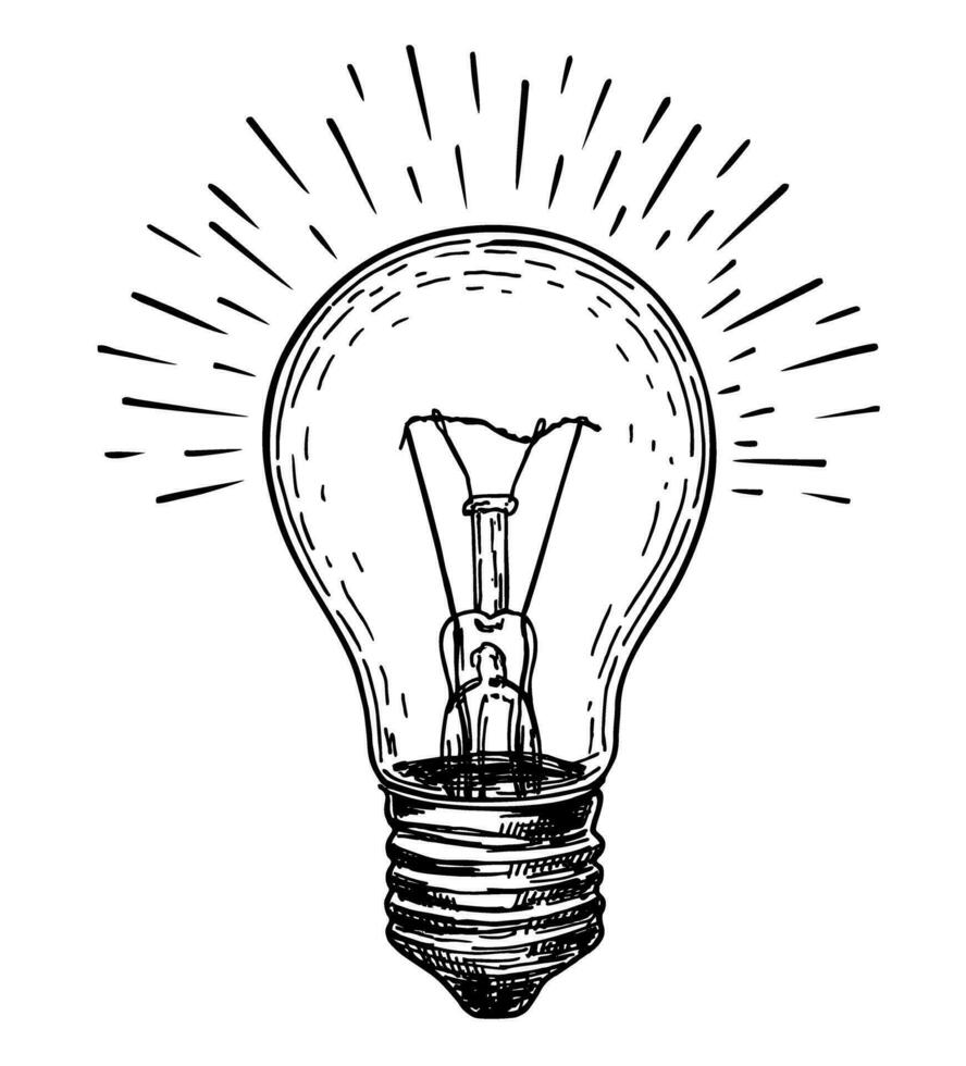 Sketch light bulb. Incandescent lamp or incandescent light globe. Idea sign, solution, thinking concept. Lighting Electric lamp, shine vector