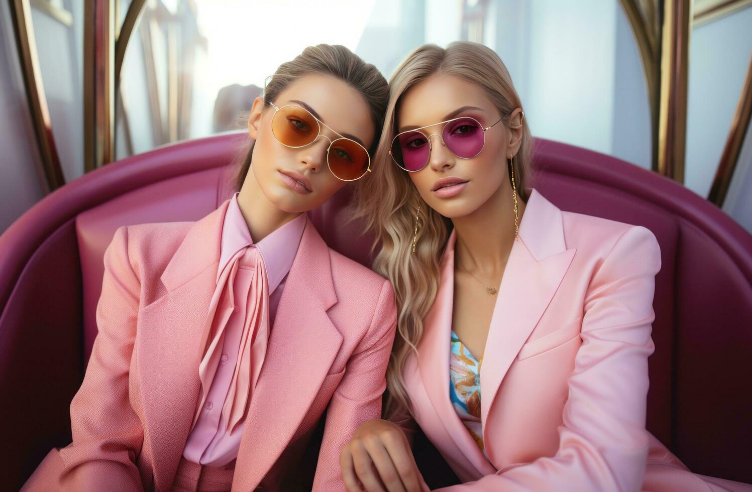 AI generated two young, happy girls in pink suits photo