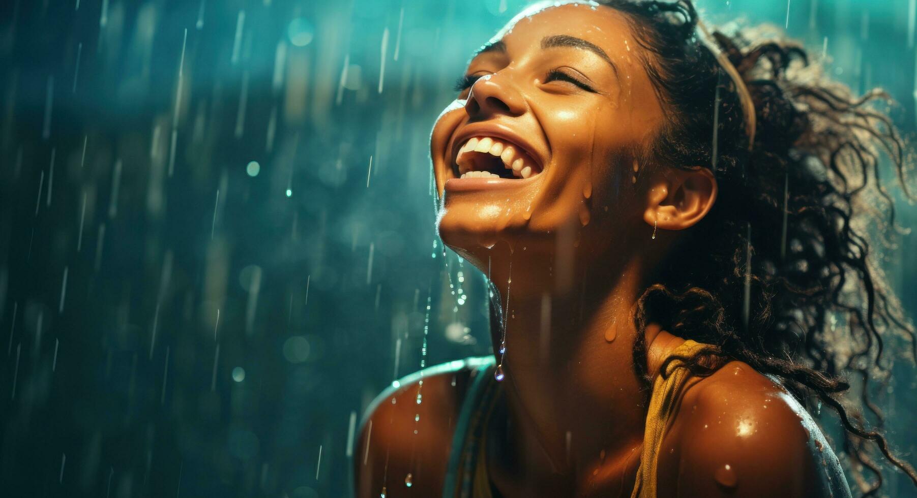 AI generated woman in the rain smiling photo