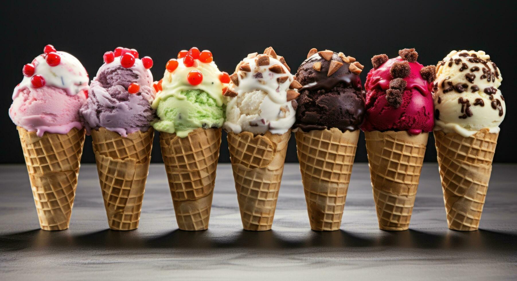 AI generated various flavors of ice cream cones with fruit, nuts and cookie photo