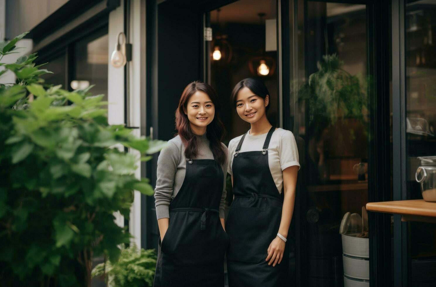 AI generated two women standing in front of a cafe photo