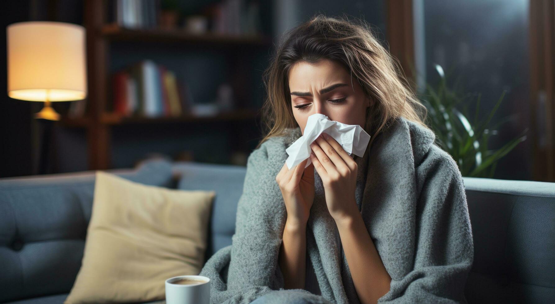 AI generated woman blowing her nose while on couch having cold photo