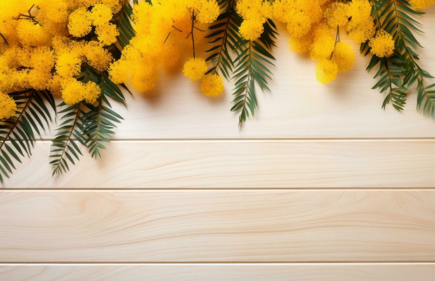 AI generated mimosa flowers on wooden white background with caption with copyspace photo