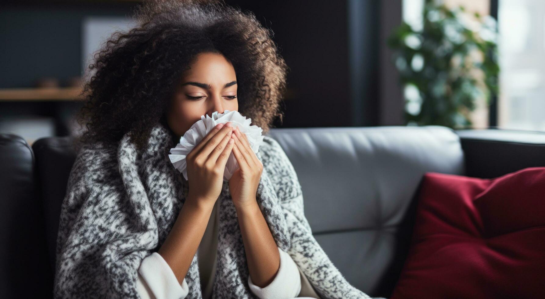 AI generated woman blowing her nose while on couch having cold photo