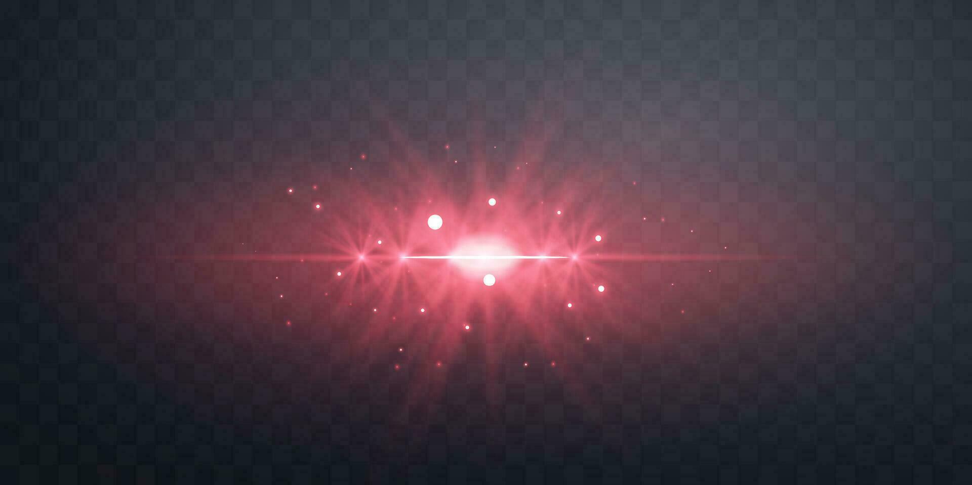 Red horizontal lensflare. Light flash with rays or spotlight and bokeh. Red glow flare light effect. Vector illustration.