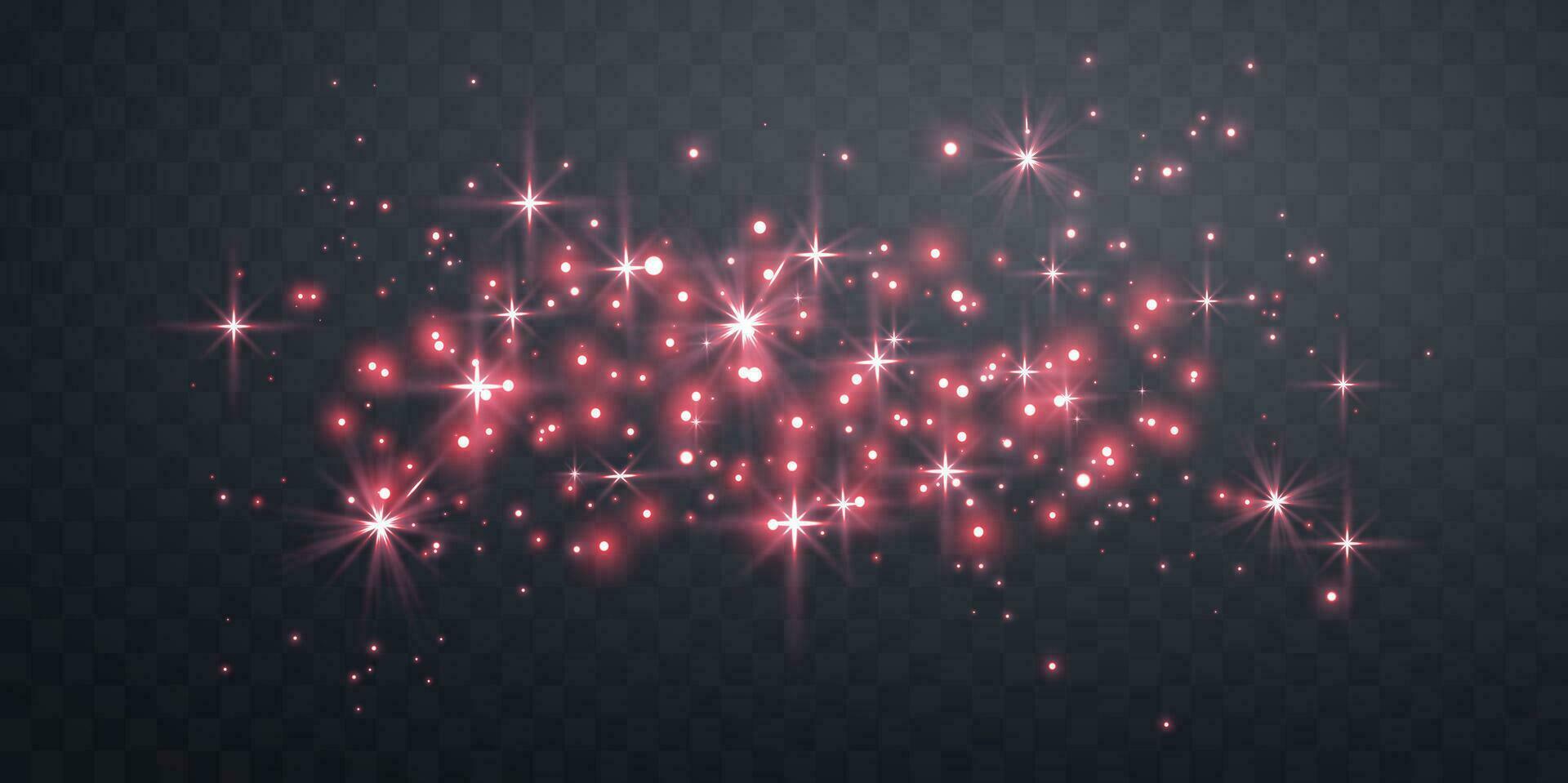 Red magic sparks and dust stars. Red glow flare light effect. Christmas light effect. Vector particles