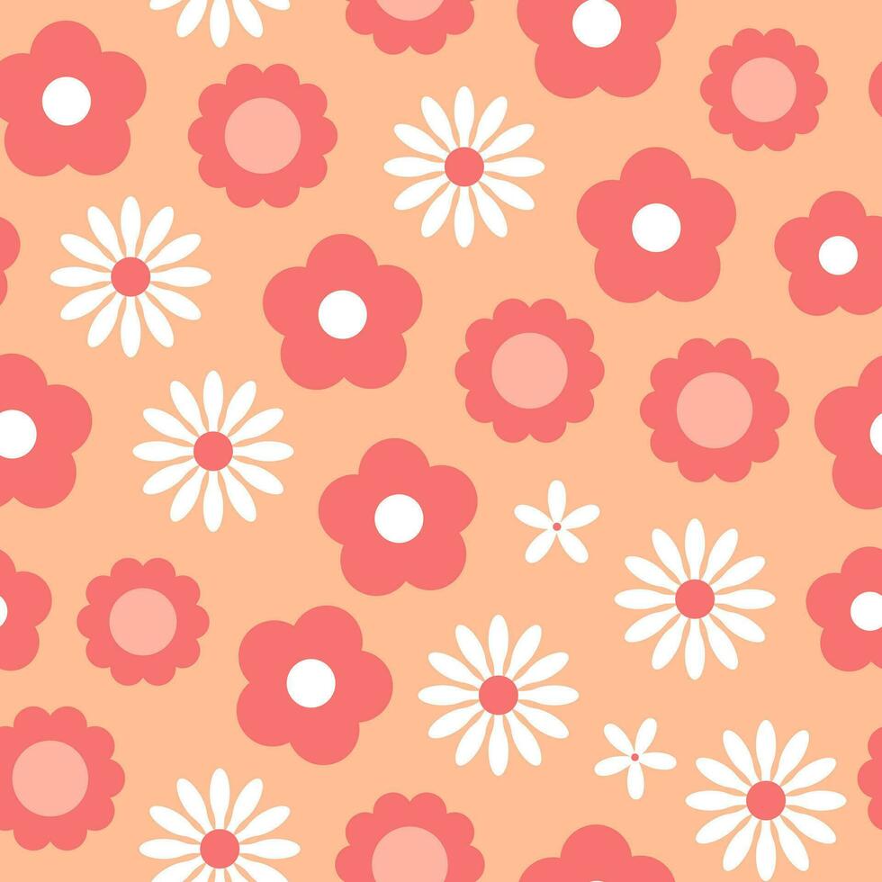 Peach floral seamless pattern. Retro groovy flowers. Botanical background, wrapping paper, wallpaper. vector