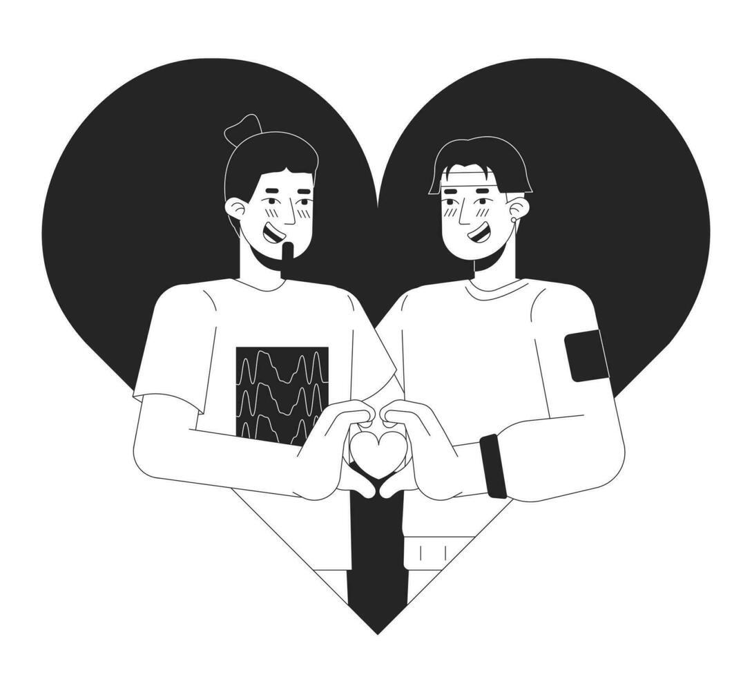 Gay men meeting soulmate 14 february black and white 2D illustration concept. Valentine day homosexual couple cartoon outline characters isolated on white. Enamored lgbt metaphor monochrome vector art